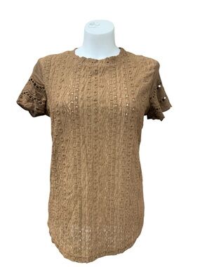 Women’s Brown Eyelet Lace Short-Sleeve Knit Top Size S